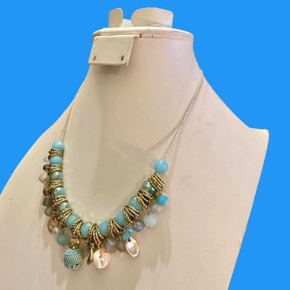 Coastal Inspired Aqua Blue Gold & White Beaded Necklace - Picture 3 of 10